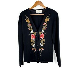 Susan Bristol 1995 Hand Embroidered Floral Cardigan Sweater Wool Blend Sparkle S